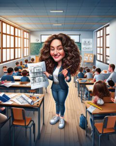 Custom professional caricature of a female architecture professor with curly hair holding building blueprints in a classroom, created in signature hybrid digital painting style by Lazytoon Custom Art Studio.