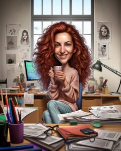 Custom single caricature of a woman with long curly red hair holding a coffee mug in her creative home office workspace, featuring sketches and a desk lamp in our signature hybrid digital painting style by Lazytoon Custom Art Studio.