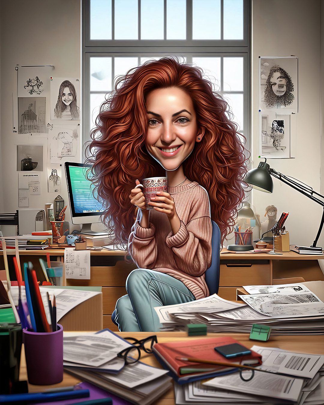Custom single caricature of a woman with long curly red hair holding a coffee mug in her creative home office workspace, featuring sketches and a desk lamp in our signature hybrid digital painting style by Lazytoon Custom Art Studio.