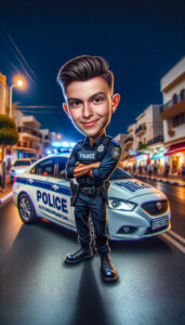 Custom kid future dream caricature example of a boy as a police officer with a patrol car in our signature hybrid digital painting style by Lazytoon Custom Art Studio