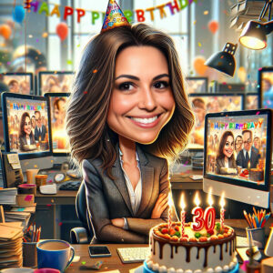 Custom birthday caricature gift featuring a personalized celebration theme, created in signature hybrid digital painting style by Lazytoon Custom Art Studio.