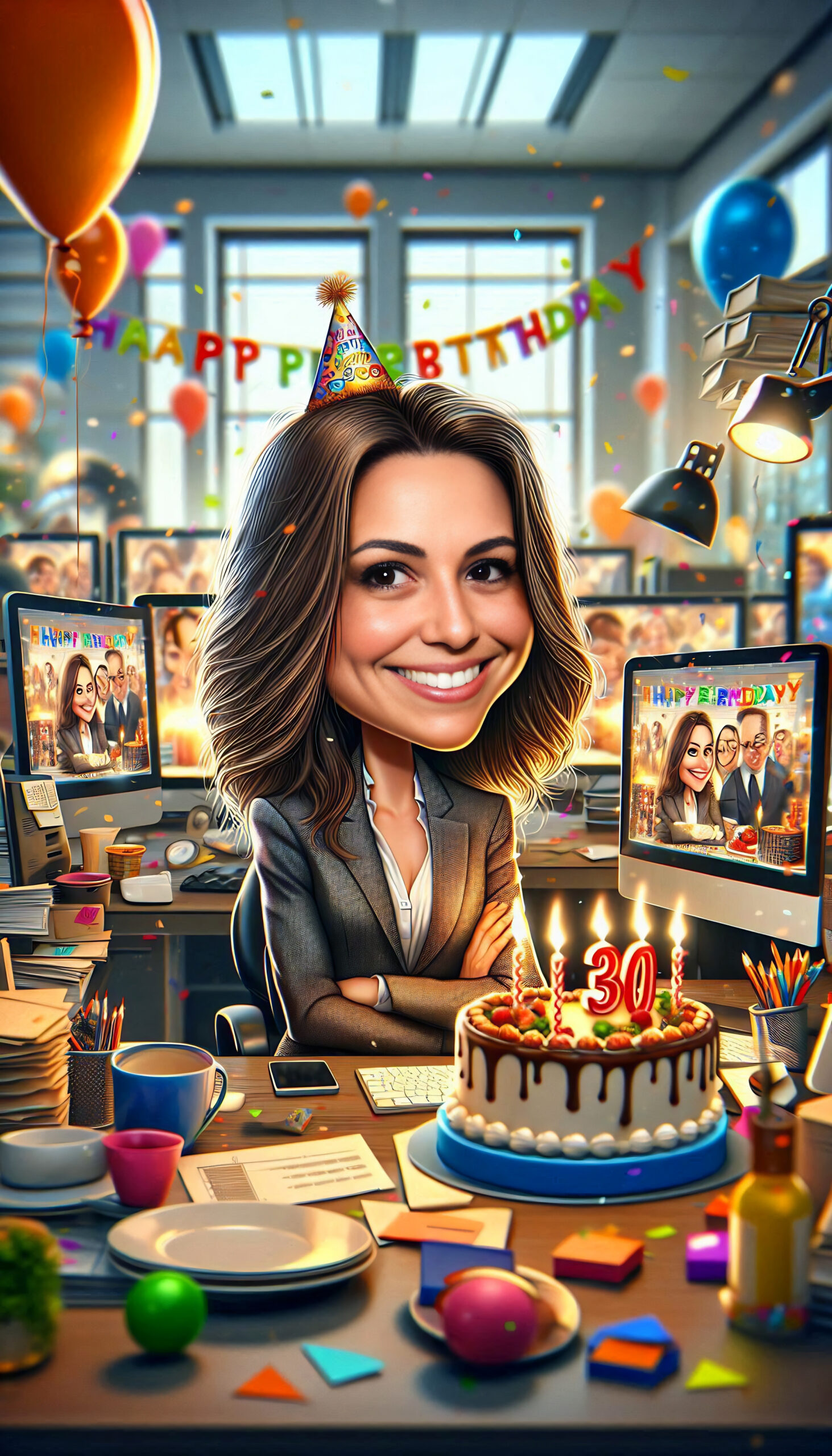 Custom birthday caricature gift featuring a personalized celebration theme, created in signature hybrid digital painting style by Lazytoon Custom Art Studio.