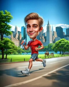 Custom single caricature of a young man jogging in a city park with a skyline background, holding a water bottle and wearing earphones, created in signature hybrid digital painting style by Lazytoon Custom Art Studio.