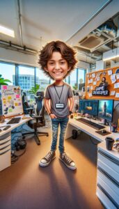 Custom kid future dream caricature example Game Developer with coding setup in our signature hybrid digital painting style by Lazytoon Custom Art Studio