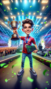 Custom kid future dream caricature example Pro Gamer esports champion in our signature hybrid digital painting style by Lazytoon Custom Art Studio