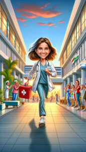 Custom kid future dream caricature example Nurse in Hospital setting using our signature hybrid digital painting style by Lazytoon Custom Art Studio