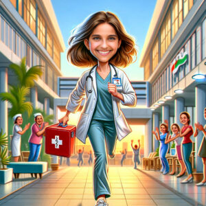 Custom kid future dream caricature example Nurse in Hospital setting using our signature hybrid digital painting style by Lazytoon Custom Art Studio