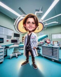 Custom kid future dream caricature example Doctor in a medical setting using our signature hybrid digital painting style by Lazytoon Custom Art Studio