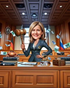 Custom professional caricature of a female judge holding a gavel, featuring personalized elements like zodiac signs (Scorpio and Cancer), diamonds, and flying Euro bills, created in signature hybrid digital painting style by Lazytoon Custom Art Studio.