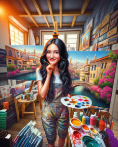 Custom single caricature of a girl with painting hobby and easel in our signature hybrid digital painting style by Lazytoon Custom Art Studio