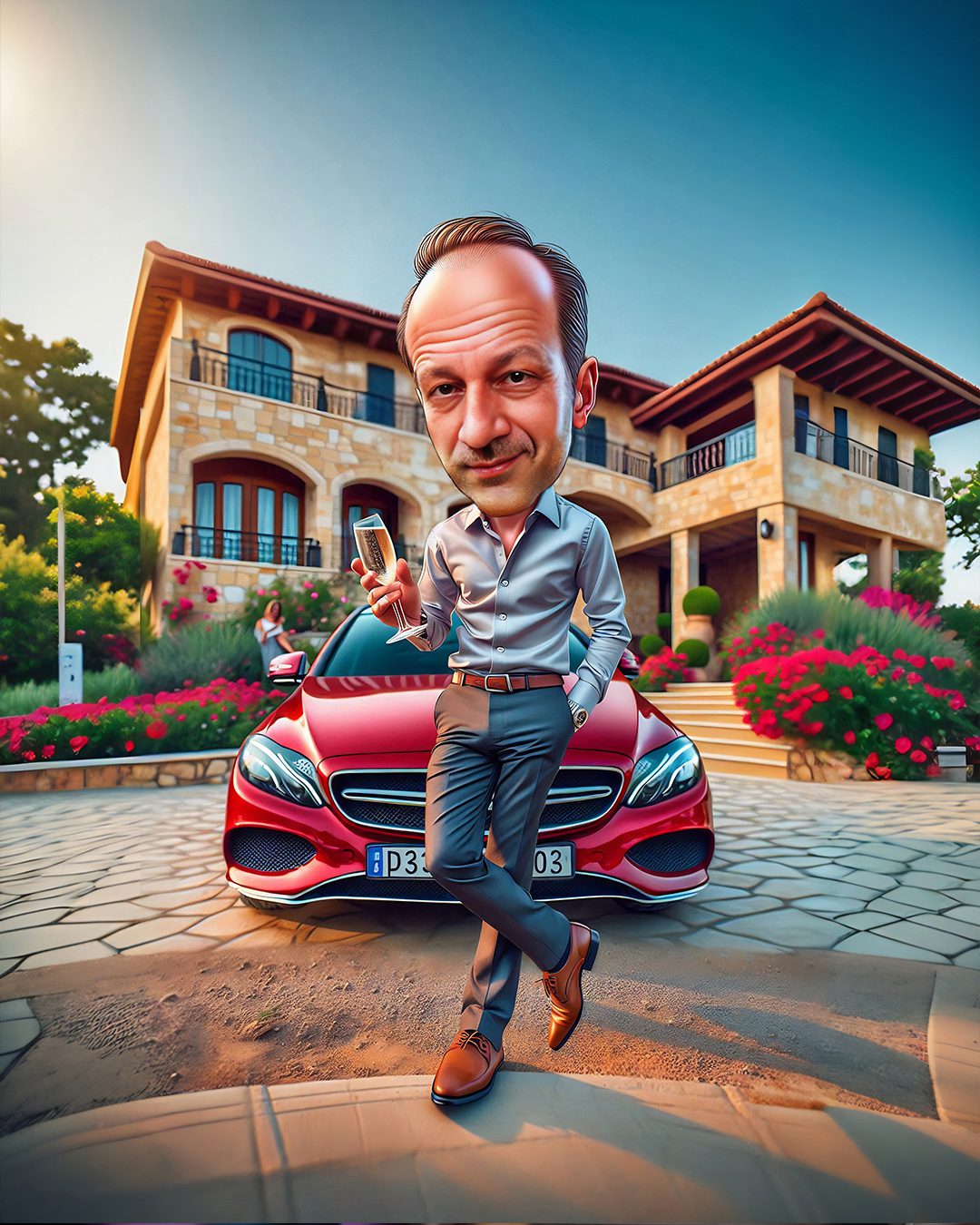 Custom single caricature of a man holding a glass of champagne in front of a red luxury sports car and a modern mansion, created in signature hybrid digital painting style by Lazytoon Custom Art Studio.