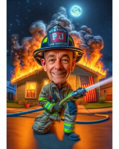 Custom firefighter caricature of a man in full gear extinguishing a fire at night with a moon background, created in signature hybrid digital painting style by Lazytoon Custom Art Studio.