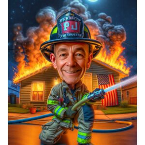 Custom firefighter caricature of a man in full gear extinguishing a fire at night with a moon background, created in signature hybrid digital painting style by Lazytoon Custom Art Studio.