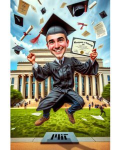 Custom single caricature of a man in a graduation gown jumping for joy in front of MIT, holding a diploma with graduation caps in the air, created in signature hybrid digital painting style by Lazytoon Custom Art Studio.