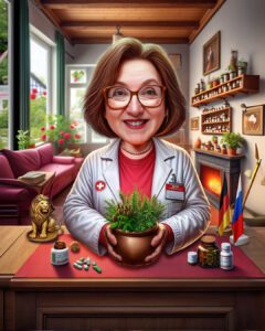 Custom professional caricature of a female herbalist specialist in a white lab coat holding a potted medicinal plant at her desk with herbal supplements, created in signature hybrid digital painting style by Lazytoon Custom Art Studio.